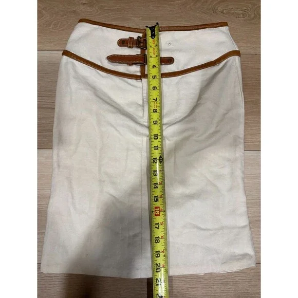 Ralph Lauren White Linen Blend Skirt w/ Brown Leather Trim Buckle Detail Size 2 - Picture 5 of 9